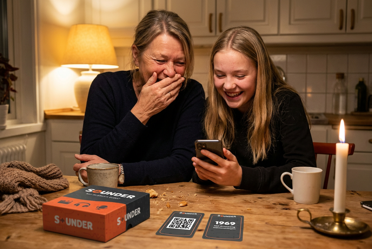 Mormor och barnbarn skrattar tillsammans när de spelar Sounder